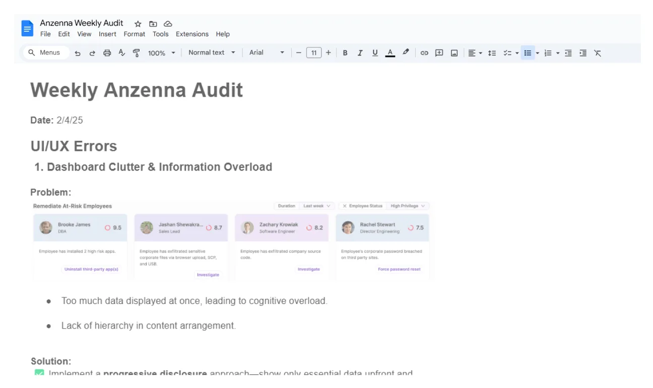 Weekly Anzenna audit notes