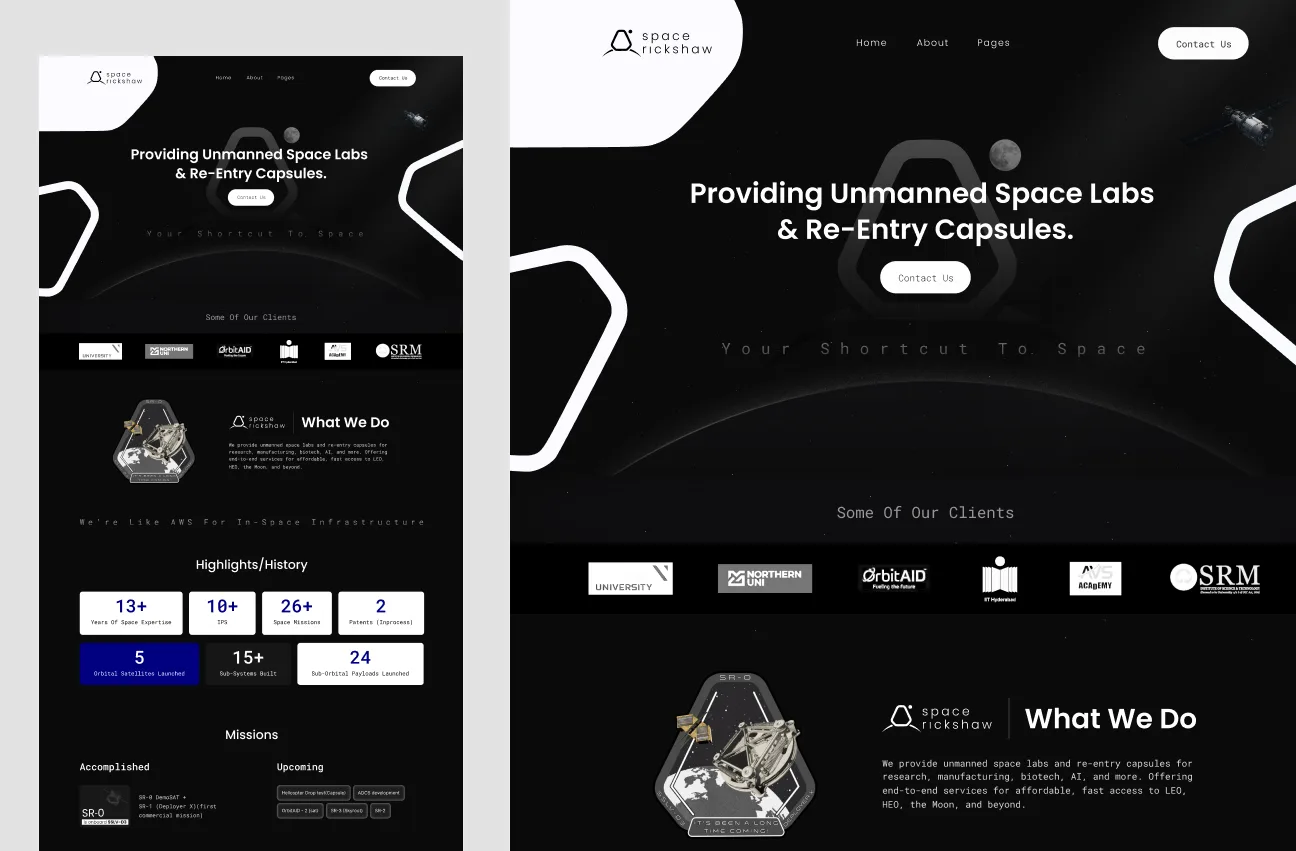 Catalyx space website sections on dark theme
