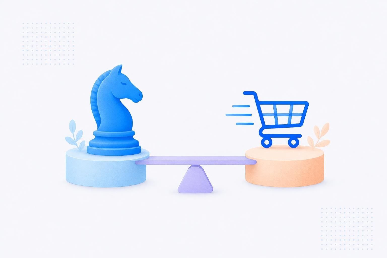 A chess piece beside a sprinting cart, the strategic B2B path and the fast B2C path